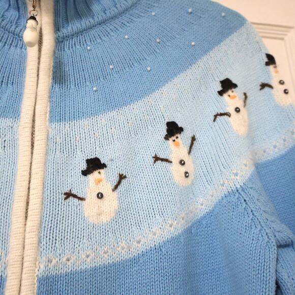 Vintage Quacker Factory Snowman Lamsbwool Blue Full Zip Sweater S Christmas - Picture 4 of 9